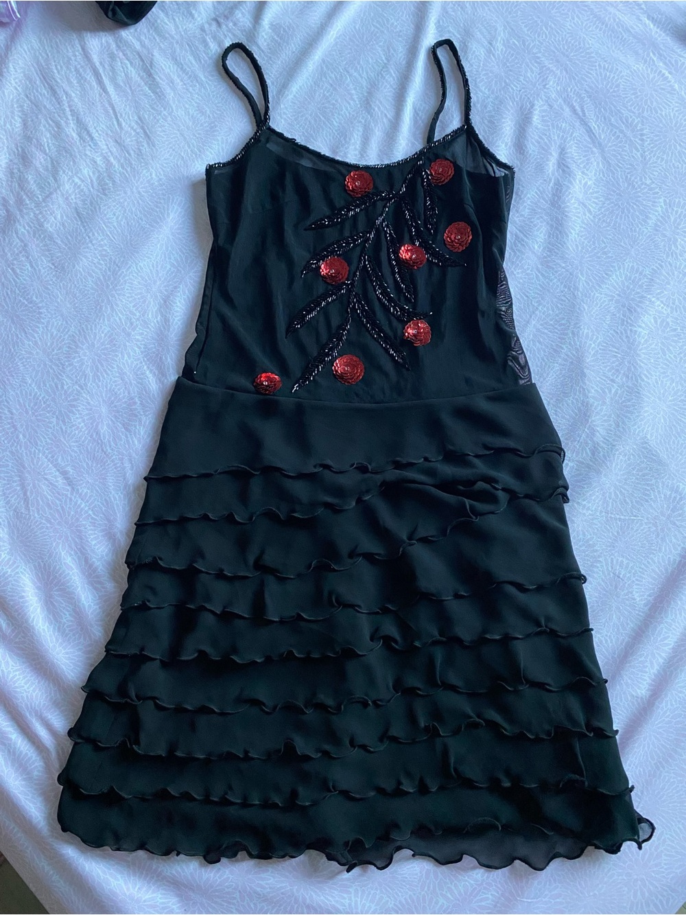 Black Strapless-Style Ruffle Dress with Red Sequin Floral Accents